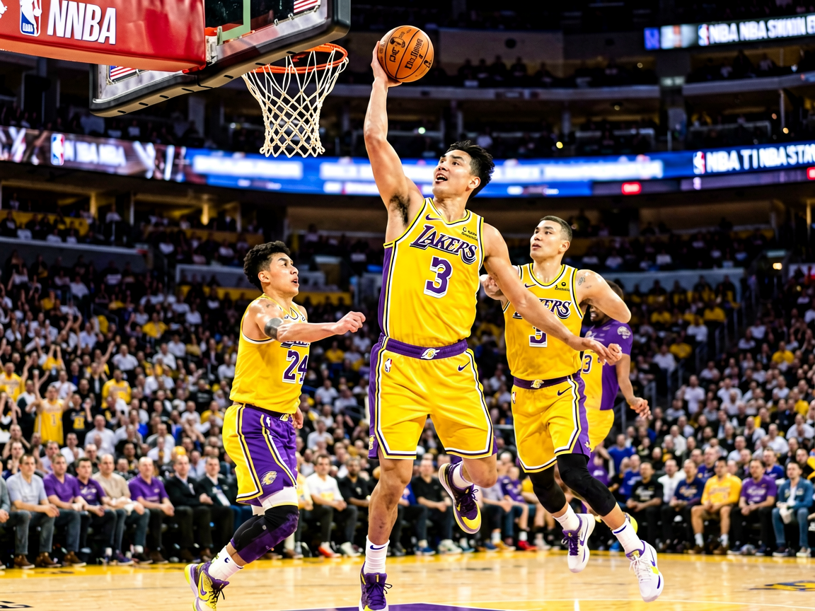 NBA常规赛比赛现场,球员突破上篮精彩瞬间